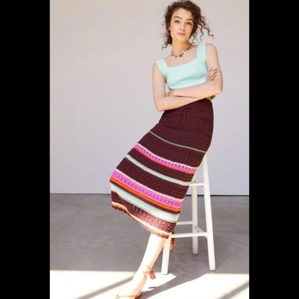 Anthropologie Maeve Crochet Midi Stripe Tie Waist Brown‎ Motif Skirt size small
